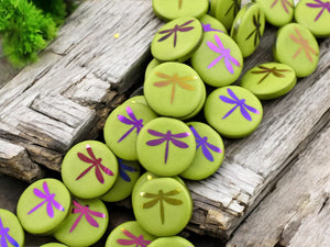 *8* 16mm Opaque Avocado Green Laser Tattoo Dragonfly Coin Beads