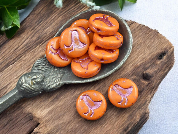 *15* 12mm Metallic Pink Washed Opaque Orange Bird Coin Beads