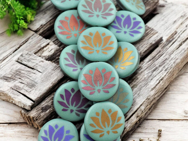 *8* 17mm Opaque Turquoise Sliperit Lotus Flower Laser Tattoo Coin Beads