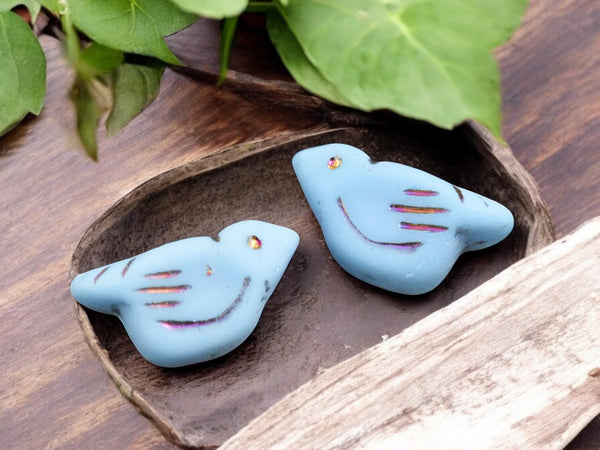 *6* 11x22mm Rainbow Mettalic Washed Opaque Matte Sky Blue Bird Beads