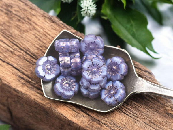 Czech Glass Beads - Hawaiian Flowers - Picasso Beads - Purple Flower Beads - Hibiscus Flower - 10mm - 12pcs - (566)