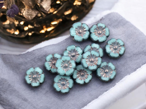 Czech Glass Beads - Hawaiian Flowers - Picasso Beads - Turquoise Flower Beads - Hibiscus Flower - 10mm - 12pcs - (994)