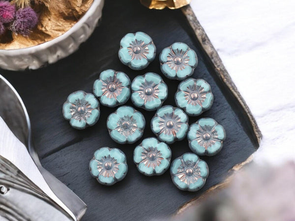 Czech Glass Beads - Hawaiian Flowers - Picasso Beads - Turquoise Flower Beads - Hibiscus Flower - 10mm - 12pcs - (994)