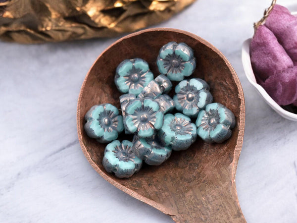 Czech Glass Beads - Hawaiian Flowers - Picasso Beads - Turquoise Flower Beads - Hibiscus Flower - 10mm - 12pcs - (994)