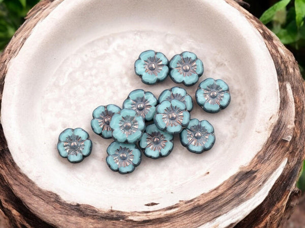 Czech Glass Beads - Hawaiian Flowers - Picasso Beads - Turquoise Flower Beads - Hibiscus Flower - 10mm - 12pcs - (994)