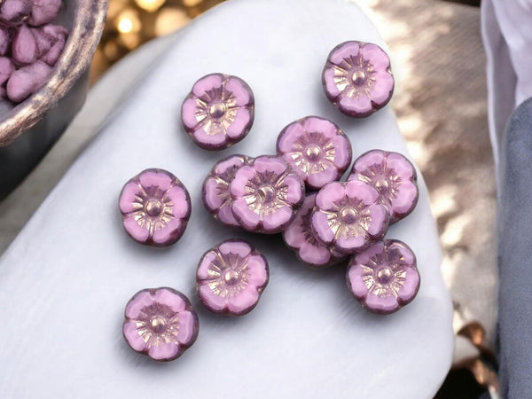 Czech Glass Beads - Hawaiian Flowers - Picasso Beads - Pink Flower Beads - Hibiscus Flower - 10mm - 12pcs - (1008)