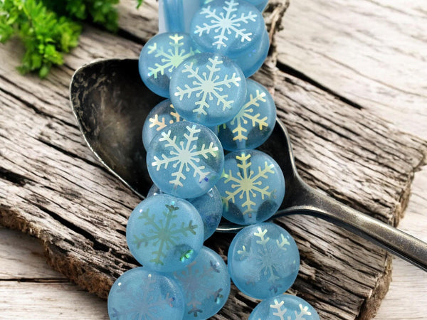 Czech Glass Beads - Snowflake Beads - Focal Beads - Laser Etched Beads - Coin Beads - 14mm - 8pcs - (2283)