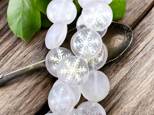 Czech Glass Beads - Snowflake Beads - Focal Beads - Laser Etched Beads - Coin Beads - 8pcs