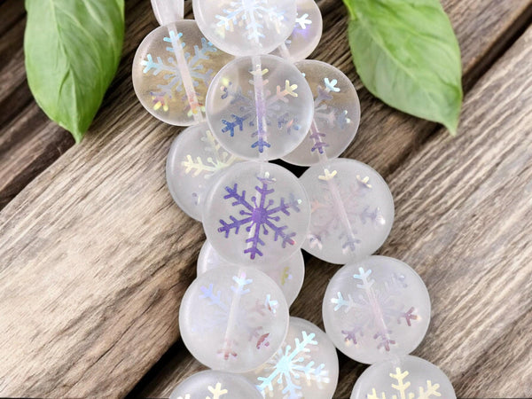 Czech Glass Beads - Snowflake Beads - Focal Beads - Laser Etched Beads - Coin Beads - 8pcs