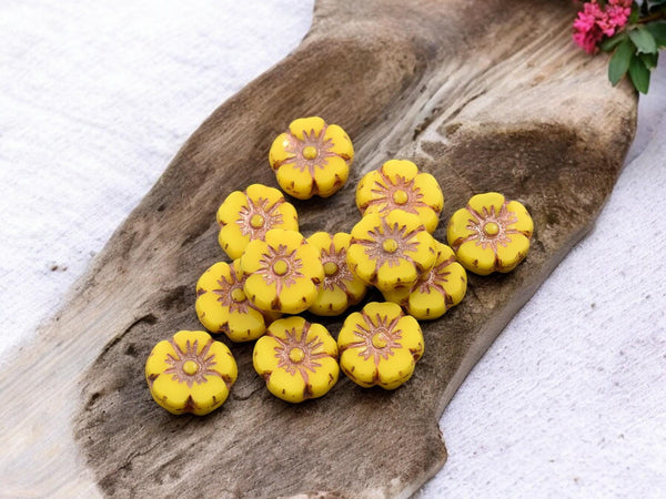 Czech Glass Beads - Hawaiian Flowers - Picasso Beads - Yellow Flower Beads - Hibiscus Flower - 10mm - 12pcs - (2110)