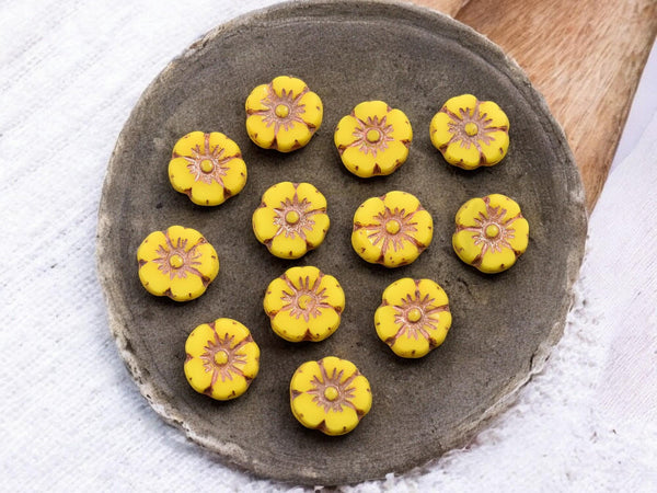 Czech Glass Beads - Hawaiian Flowers - Picasso Beads - Yellow Flower Beads - Hibiscus Flower - 10mm - 12pcs - (2110)