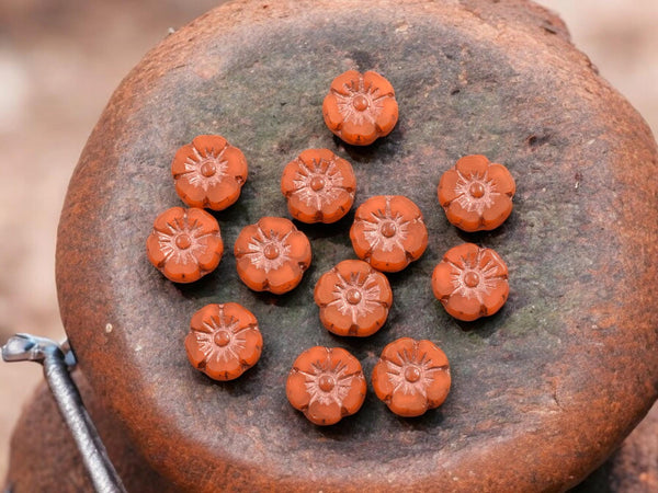 Czech Glass Beads - Hawaiian Flowers - Picasso Beads - Orange Flower Beads - Hibiscus Flower - 10mm - 12pcs - (1565)