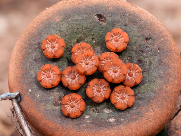 Czech Glass Beads - Hawaiian Flowers - Picasso Beads - Orange Flower Beads - Hibiscus Flower - 10mm - 12pcs - (1565)