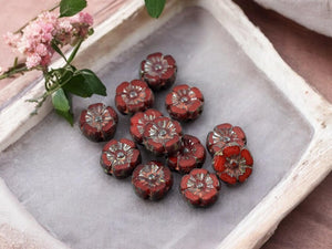 Czech Glass Beads - Hawaiian Flowers - Picasso Beads - Red Flower Beads - Hibiscus Flower - 10mm - 12pcs - (1798)