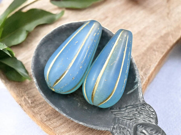 22x11mm Gold Washed Blue Aqua Opaline Melon Drop Beads -- Choose Your Quantity