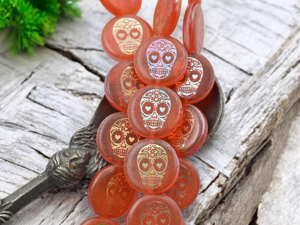 Czech Glass Beads - Sugar Skull Beads - Halloween Beads - Dia De Los Muertos Beads - Laser Tattoo Beads - 14mm - 8pcs - (4667)