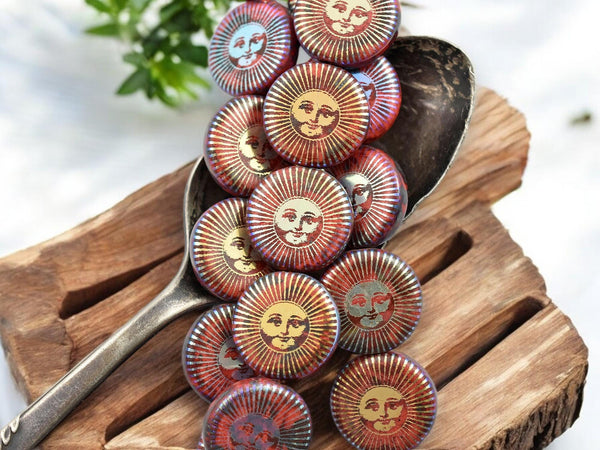 Czech Glass Beads - Sun Face Beads - Picasso Beads - Laser Tattoo Beads - 14mm - 8pcs - (592)