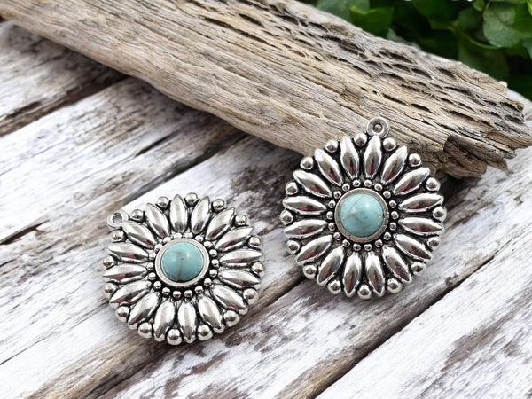 Metal Pendant - Silver Pendant - Flower Pendant - Small Pendants - Bohemian Pendant - 5pcs - (4674)