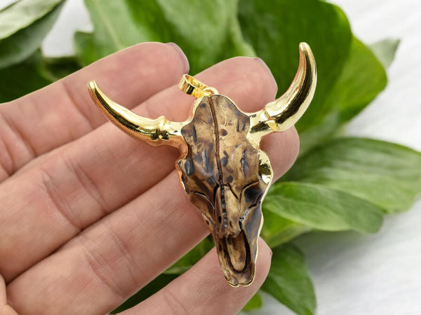 Bohemian Pendant - Cow Pendant - Bull Pendant - Boho Pendant - Metal Pendant - Gold Pendant - 50x47x15mm - (6002)