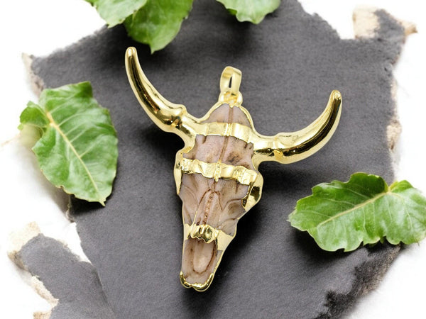 Bohemian Pendant - Cow Pendant - Bull Pendant - Boho Pendant - Metal Pendant - Gold Pendant - 50x47x15mm - (6002)