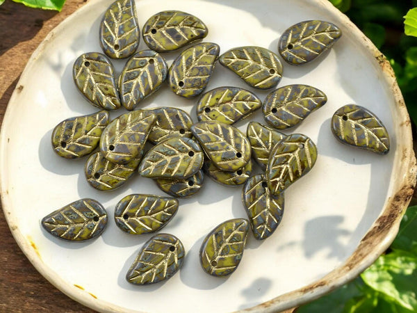 Picasso Beads - Top Hole Leaf - Czech Glass Beads - Leaf Beads - Top Drilled Leaf - 15x9mm- 25pcs - (2138)