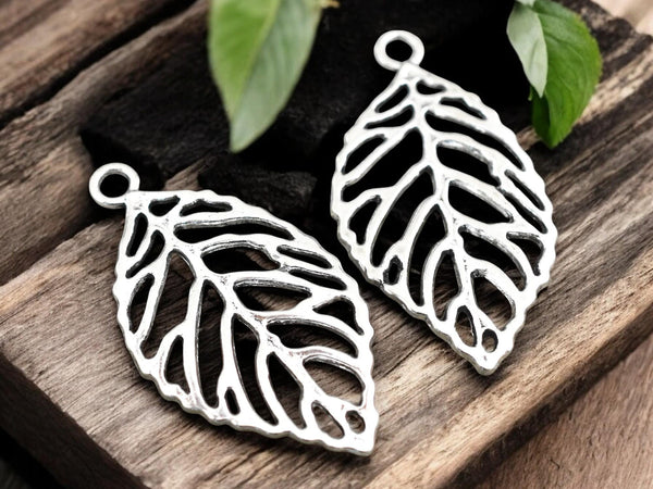 Leaf Pendant - Silver Pendants - Metal Charms - Metal Pendant - Filigree Pendant - 51x27mm - 2pcs - (3093)