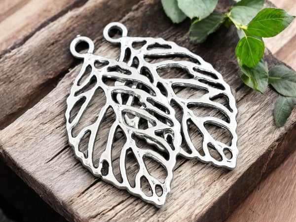 Leaf Pendant - Silver Pendants - Metal Charms - Metal Pendant - Filigree Pendant - 51x27mm - 2pcs - (3093)