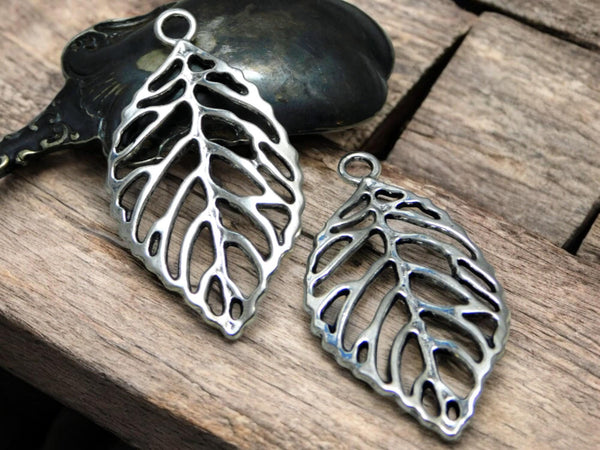 Leaf Pendant - Silver Pendants - Metal Charms - Metal Pendant - Filigree Pendant - 51x27mm - 2pcs - (3093)