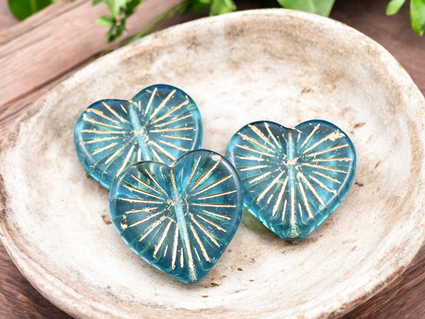 *4* 22mm Bronze Washed Blue Aqua Heart Beads