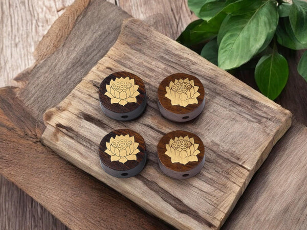 Wood Beads - Lotus Flower Beads - Brass Beads - Rosewood Beads - 5pcs - 15x7mm - (2998)