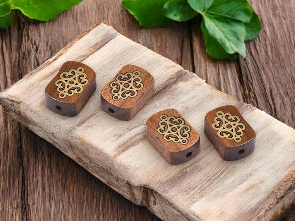 Wood Beads - Mixed Media Beads - Brass Beads - Rosewood Beads - 5pcs - 17x12x7 - (845)