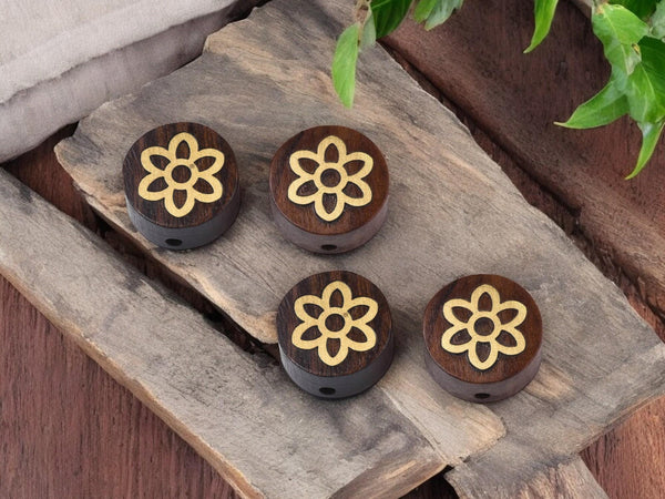 Wood Beads - Flower Beads - Brass Beads - Rosewood Beads - 5pcs - 15x7mm - (2998)