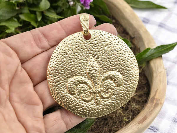 Metal Pendant - Gold Pendant - Bohemian Pendant - Fleur De Lis Pendant - Large Pendants - 68x55mm - (A207)