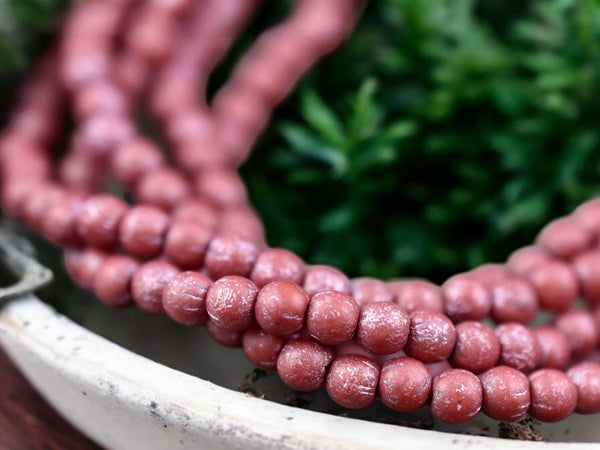 *50* 4mm Metallic Pink Luster Washed Etched Red Round Druk Beads