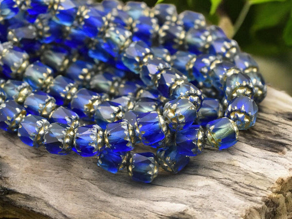 Gold Washed Mixed Matte Aqua & Sapphire Fire Polish Cathedral Beads