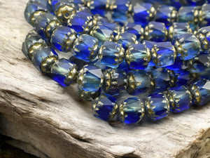 Gold Washed Mixed Matte Aqua & Sapphire Fire Polish Cathedral Beads