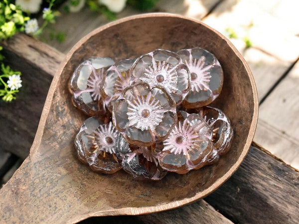 *12* 12mm Pink Washed Crystal Picasso Hawaiian Flower Beads