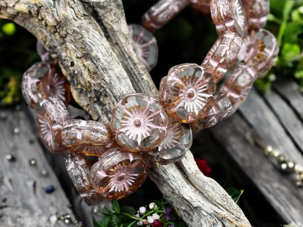 *12* 12mm Pink Washed Crystal Picasso Hawaiian Flower Beads