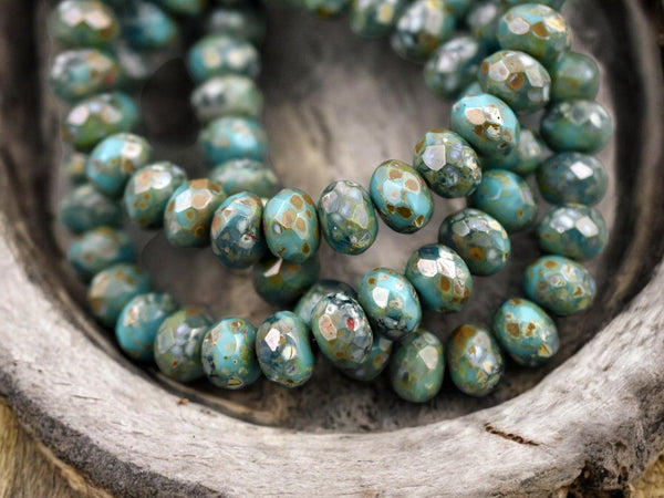 *25* 6x8mm Blended Teal Turquoise Picasso Fire Polished Rondelle Beads