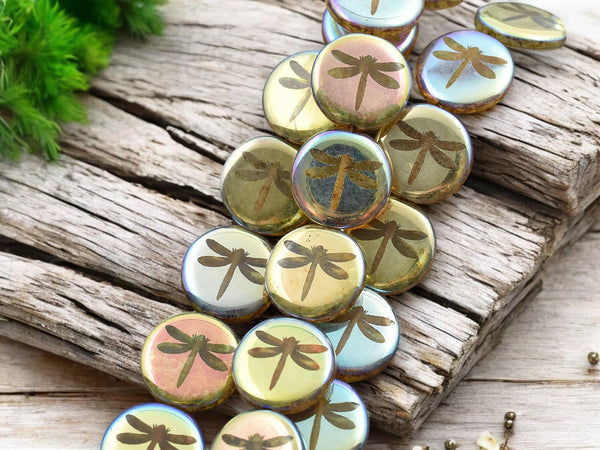 Czech Glass Beads - Laser Etched Beads - Dragonfly Beads - Tattoo Beads - 17mm - 8pcs - (B250)