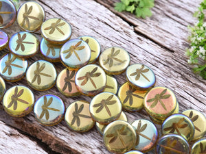 Czech Glass Beads - Laser Etched Beads - Dragonfly Beads - Tattoo Beads - 17mm - 8pcs - (B250)