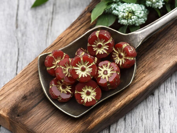 Czech Glass Beads - Hawaiian Flowers - Picasso Beads - Red Flower Beads - Hibiscus Flower - 10mm - 12pcs - (5574)