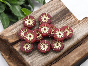 Czech Glass Beads - Hawaiian Flowers - Picasso Beads - Red Flower Beads - Hibiscus Flower - 10mm - 12pcs - (5574)