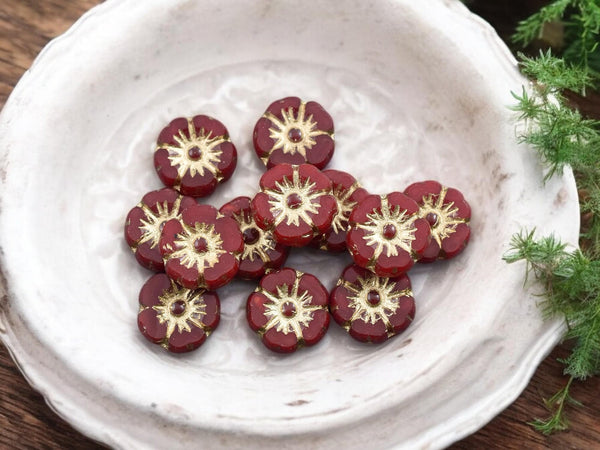 Czech Glass Beads - Hawaiian Flowers - Picasso Beads - Red Flower Beads - Hibiscus Flower - 10mm - 12pcs - (5574)