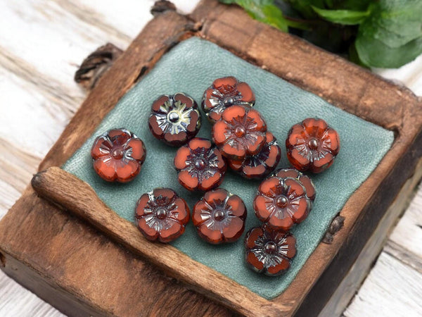 Czech Glass Beads - Hawaiian Flowers - Picasso Beads - Orange Flower Beads - Hibiscus Flower - 10mm - 12pcs - (1913)