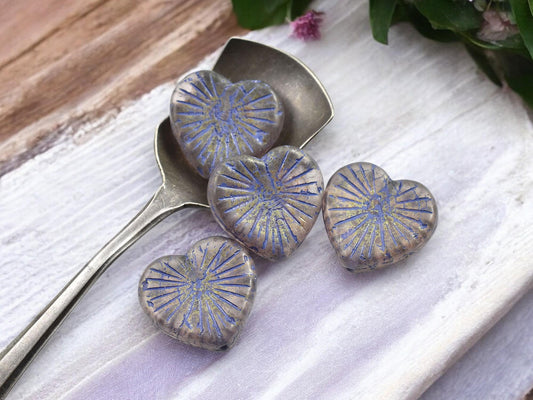 *4* 22mm Purple Washed Transparent Thistle Heart Beads