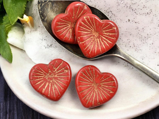 *4* 22mm Copper Washed Opaque Red Heart Beads