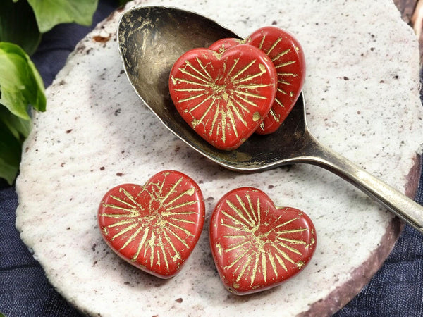 Picasso Beads - Red Heart Beads - Czech Glass Beads - Valentines Beads - Heart Pendant - Heart Focal Bead - 22mm - 4pcs - (2471)