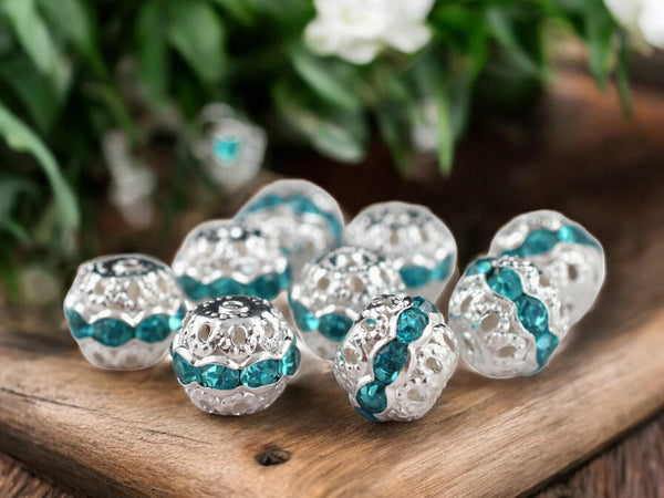 Silver w/Aquamarine Rhinestone Filigree Round Beads -- Choose Your Size