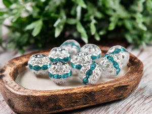 Silver w/Aquamarine Rhinestone Filigree Round Beads -- Choose Your Size